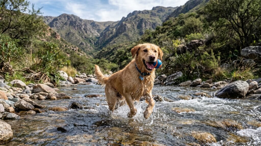 Perro feliz corriendo por el arroyo serrano en la Reserva Los Quebrachitos, Unquillo, cerca de Cabañas ViejaCasa